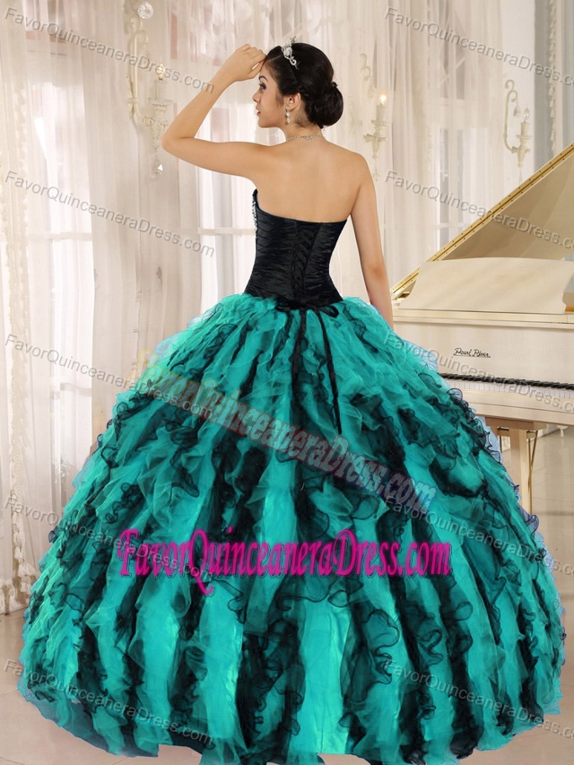 Perfect Ruffled Beaded Turquoise and Black Quince Dress in Organza Taffeta