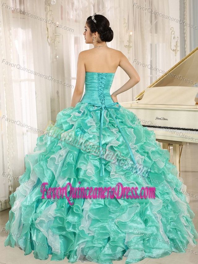 New Arrival Beaded Ruffled Turquoise Organza Quinces Dress on Promotion