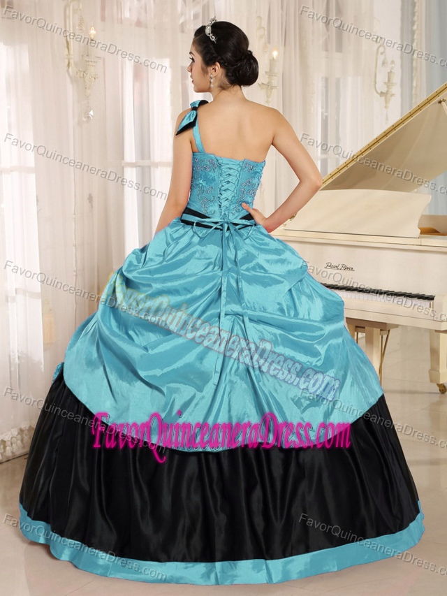 Top One Shoulder Aqua Blue and Black Taffeta Quince Dress with Bow
