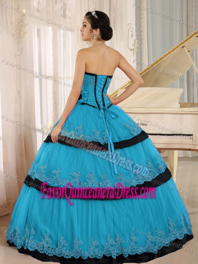 Simple Strapless Embroidered Teal Tulle Taffeta Quince Dress with Flowers