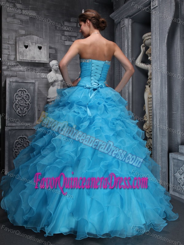 Cheap Ruffled Appliqued Organza Aqua Blue Quinceanera Gown for Sale