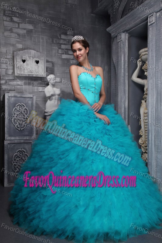 Latest Tulle Taffeta Beaded Teal Ball Gown Quinceanera Dress in Fashion