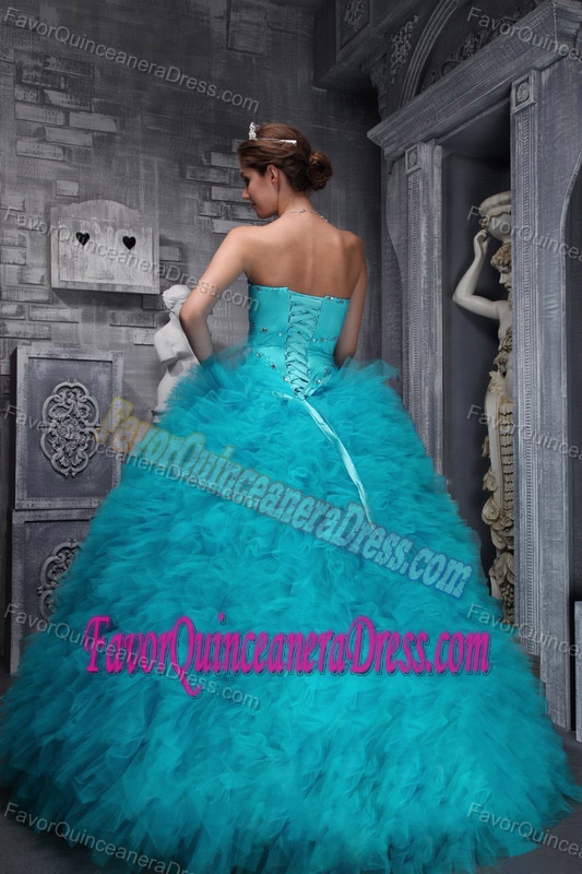 Latest Tulle Taffeta Beaded Teal Ball Gown Quinceanera Dress in Fashion