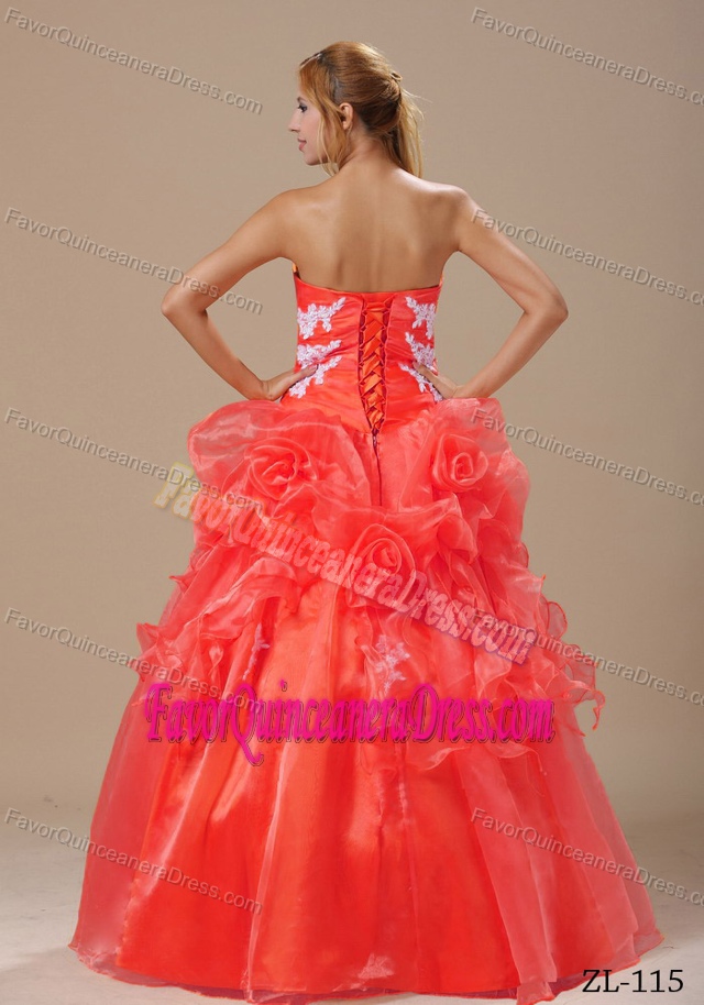 Appliqued Strapless Organza Quinceanera Dress with Hand Made Flowers