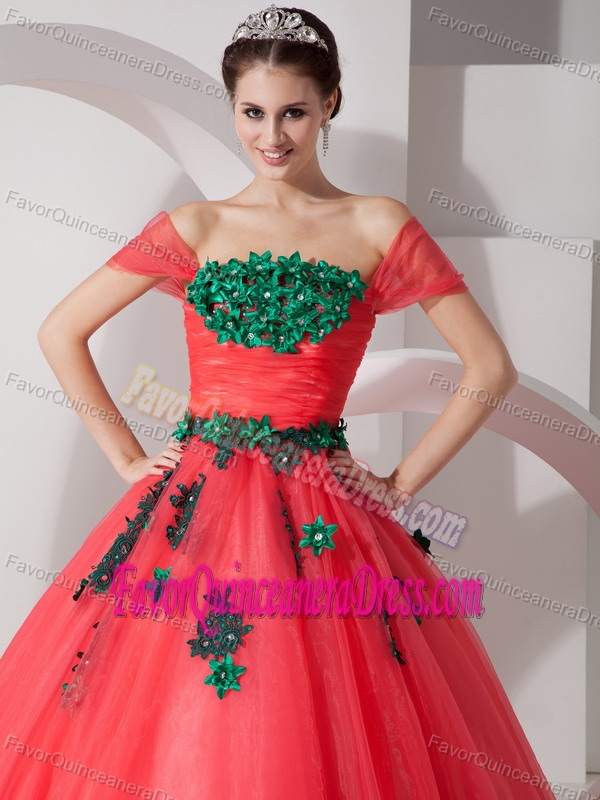 Off The Shoulder Floor-length Appliqued Quinceanera Dress in Coral Red