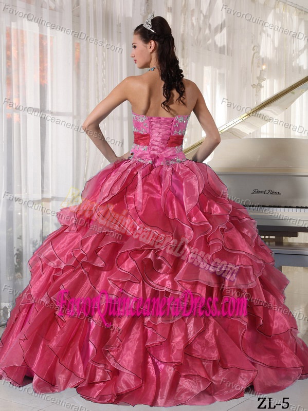 Strapless Floor-length Organza Appliqued Quinceanera Dress with Ruffles