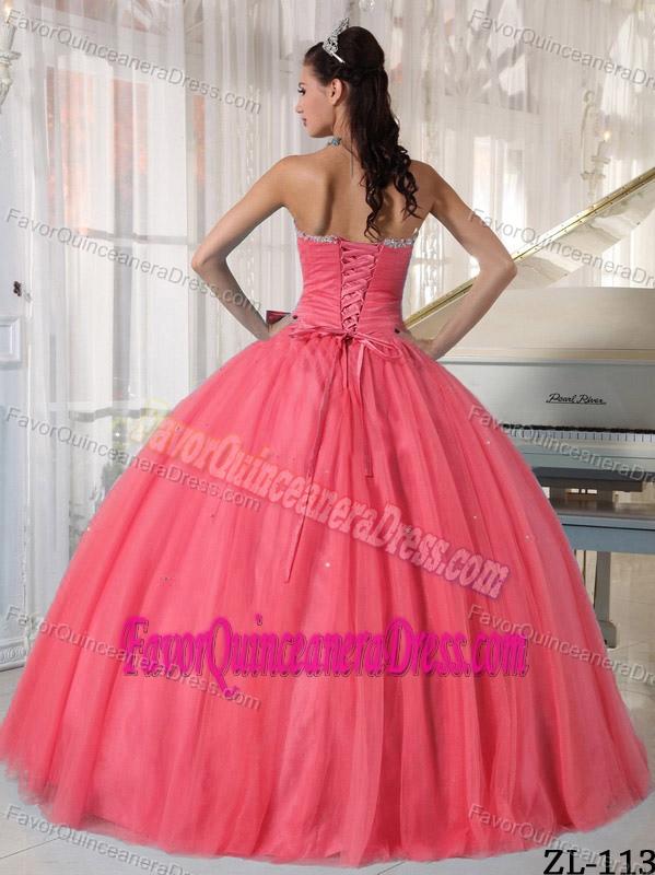Sweetheart Floor-length Tulle Beaded Quinceanera Gown with Big Bowknot