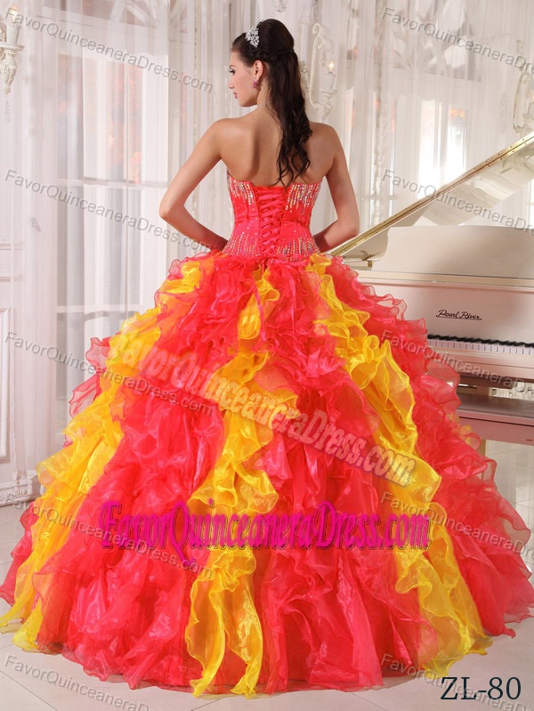 Coral Red and Orang Floor-length Quinceanera Dress with Sequins in Organza