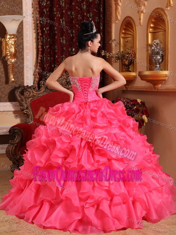 Hot Pink Strapless Floor-length Organza Quinceanera Dress with Ruffled Layers