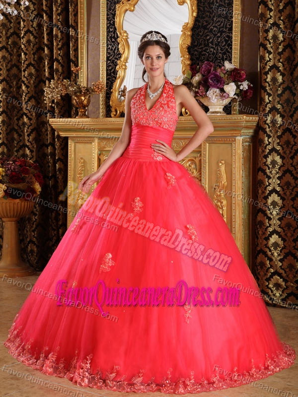 Appliqued Halter Top Floor-length Quinceanera Gown Made in Tulle Fabric