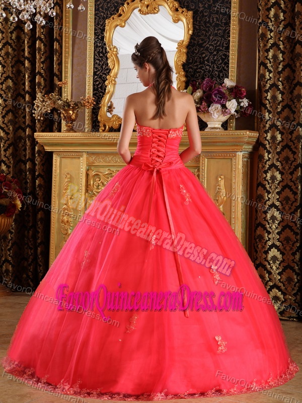 Appliqued Halter Top Floor-length Quinceanera Gown Made in Tulle Fabric