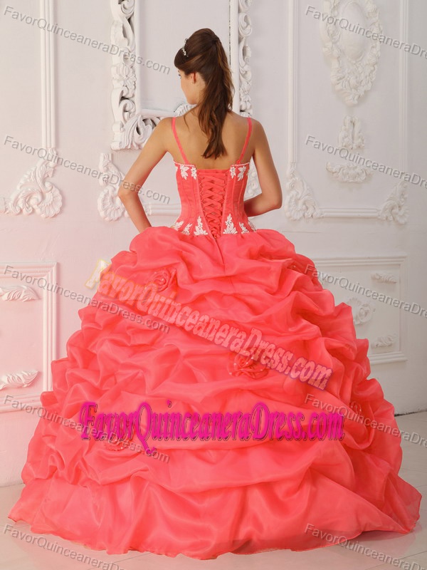 Unique Straps Appliqued Quinceanera Dress with Pick Ups in Satin and Organza