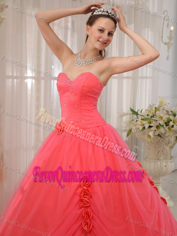 Sweetheart Floor-length Tulle Beaded Quinceanera Dress with Hand Flowers