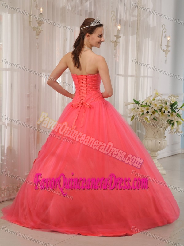 Sweetheart Floor-length Tulle Beaded Quinceanera Dress with Hand Flowers