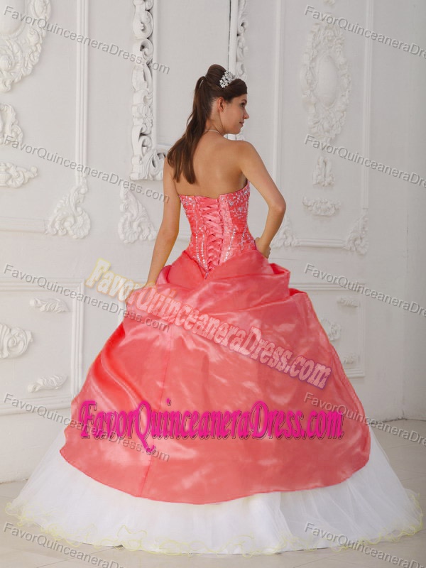 Orange Red and White Strapless Quinceanera Dress with Hand Made Flower
