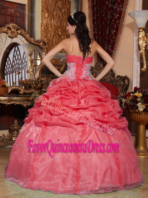 New Coral Red Strapless Floor-length Organza Appliqued Quinceanera Dress