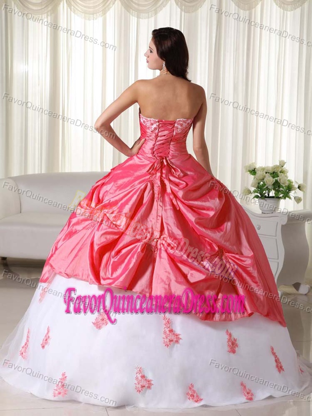 Taffeta Appliqued Ball Gown Sweet 15 Dresses in Watermelon and White