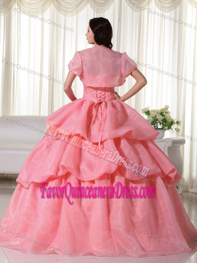 Ruffled Watermelon Ball Gown Sweet 16 Dresses with Flowers and Applique