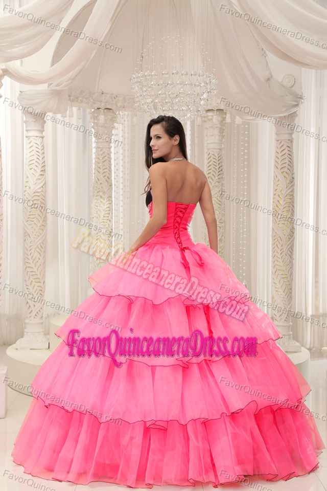 Watermelon Beaded and Tiered Ball Gown Quince Gown in Taffeta and Organza
