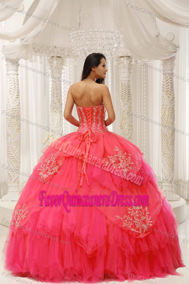 Red Beaded and Ruffled Embroidery Ball Gown Quince Dress with Appliques