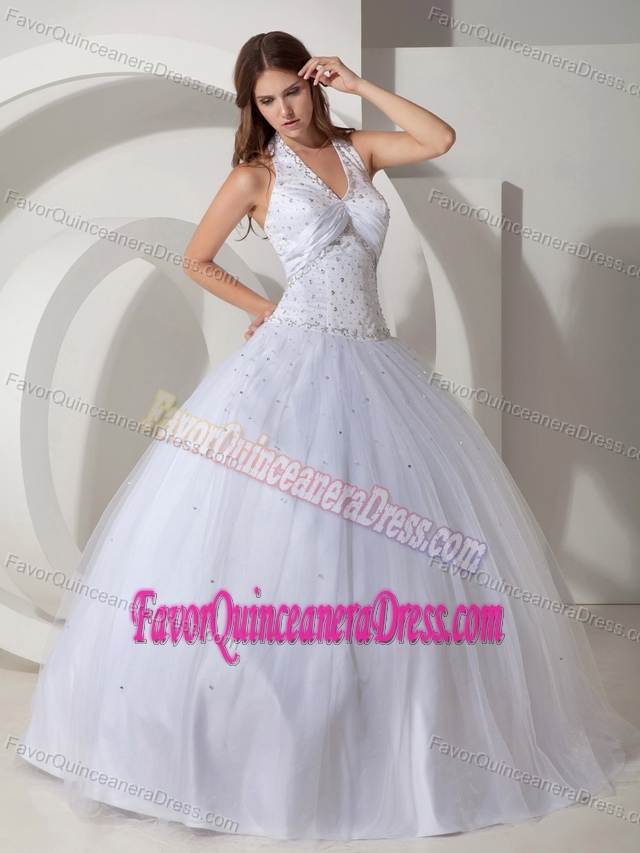 Plus Size Halter White Taffeta Floor-length Sweet 16 Quince Dress with Paillette