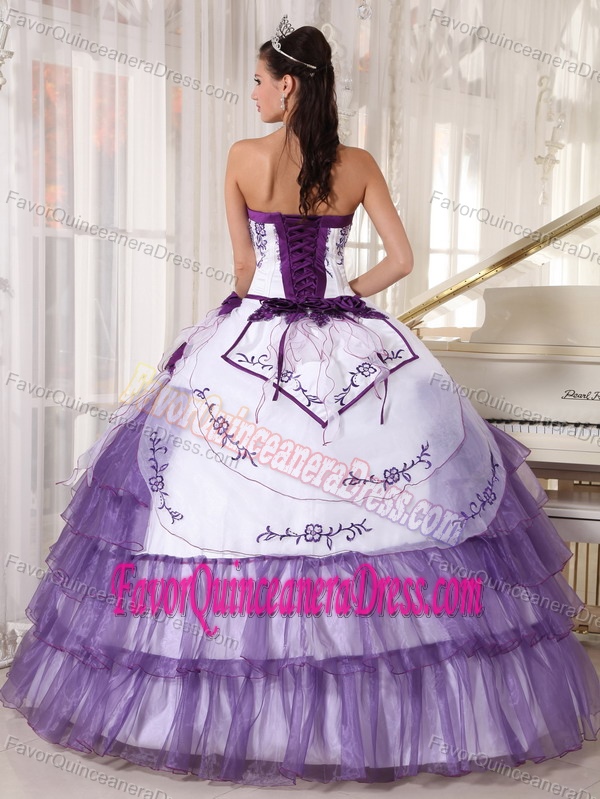 Gorgeous Embroidered White and Purple Quinceanera Gown in Satin Organza