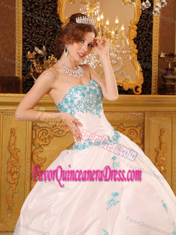 Exclusive White Taffeta Floor-length Sweet 15 Dresses with Blue Appliques