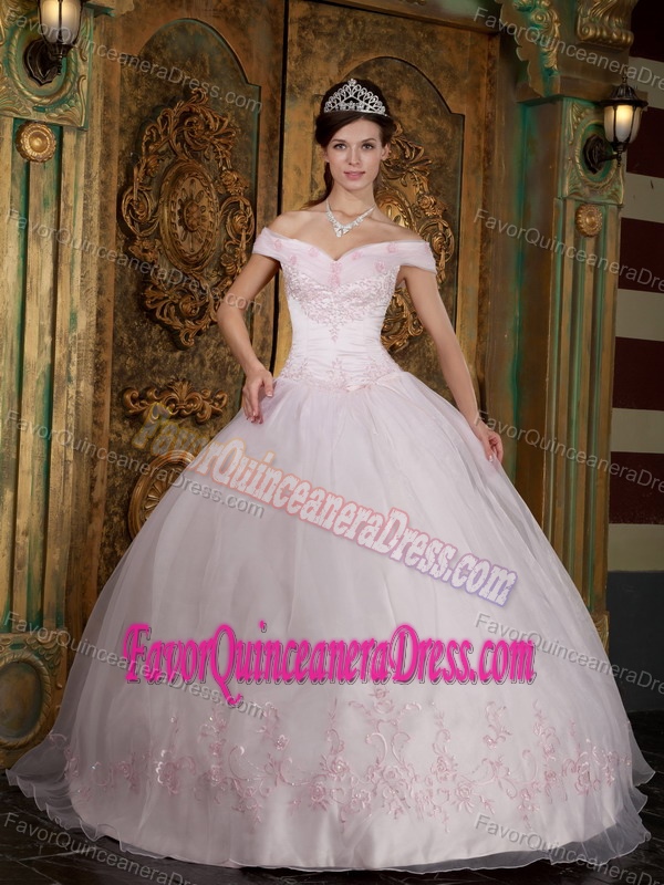 Romantic Off-the-shoulder Embroidered White Quince Dress in Organza Satin