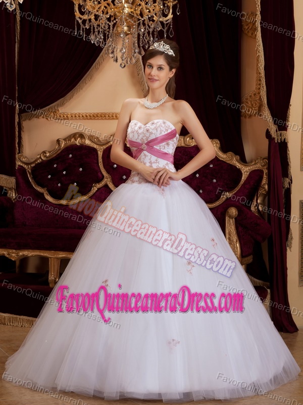 Trendy Princess Satin Tulle White Dress for Quinceanera with Pink Appliques