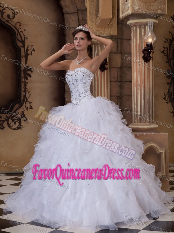 Amazing White Organza Satin Quinceanera Dress with Beads and Ruffles