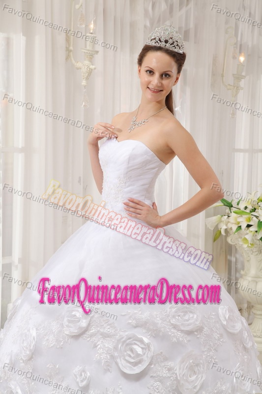 Gorgeous White Organza Satin Appliqued Quinceanera Gown Dress with Flowers
