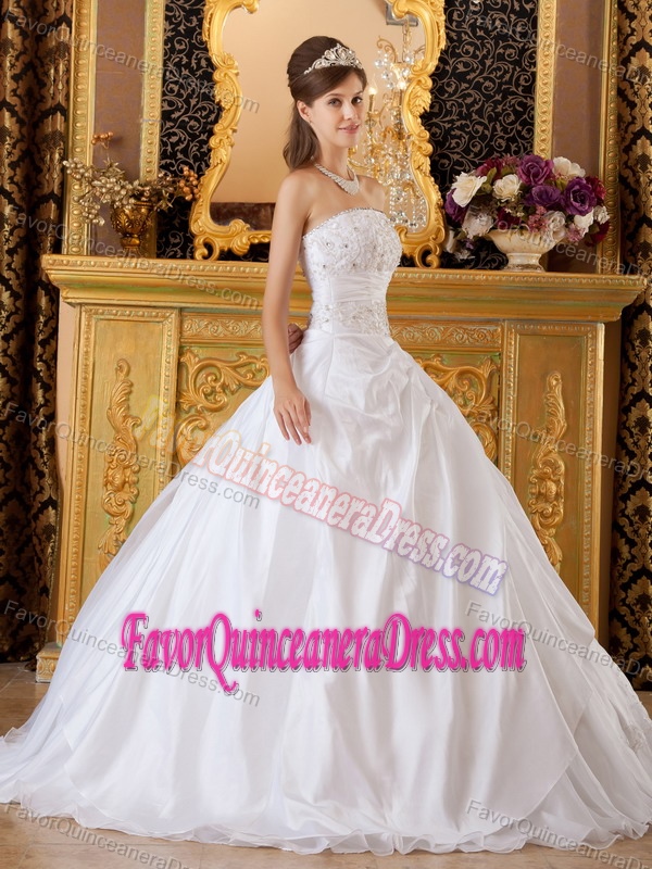 Best Seller Appliqued White Brush Train Quinceanera Gown in Tulle Taffeta