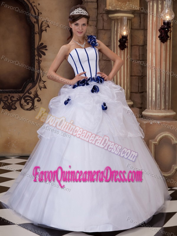 Memorable One Shoulder Organza Satin White Sweet 16 Dress with Blue Flowers