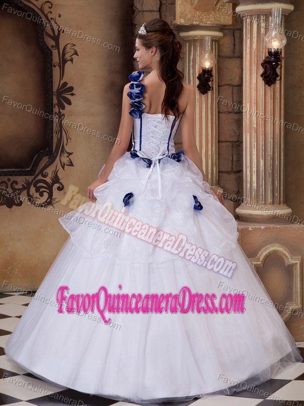 Memorable One Shoulder Organza Satin White Sweet 16 Dress with Blue Flowers