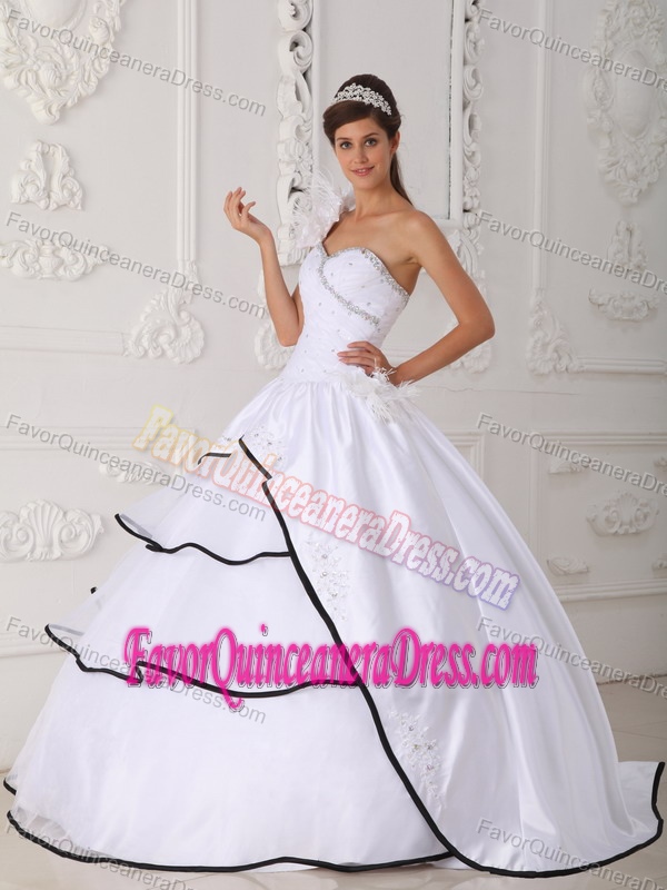 Top One Shoulder Beaded White Taffeta Organza Quinces Dress with Flowers