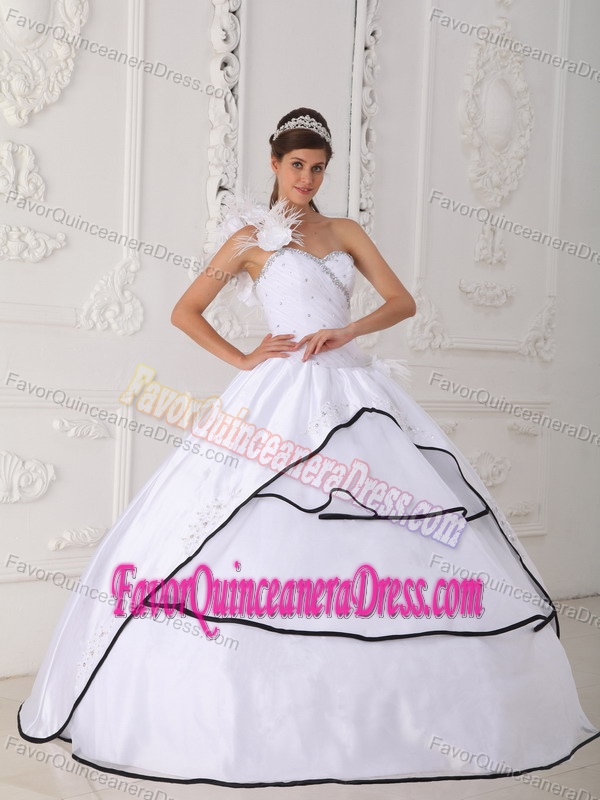 Top One Shoulder Beaded White Taffeta Organza Quinces Dress with Flowers