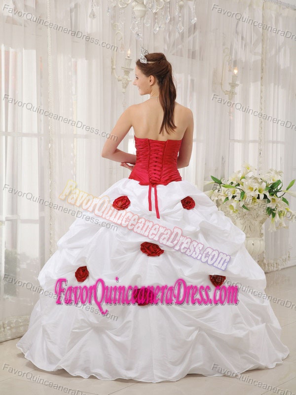 Gorgeous White and Red Taffeta Quinceanera Gown Dress with Flowers Beads