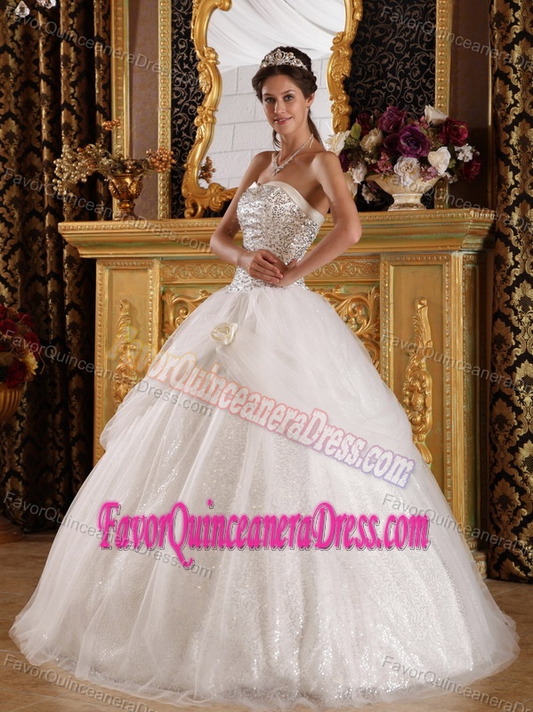 Lovely White Sequin Tulle Ball Gown Dress for Quinceanera in The Mainstream