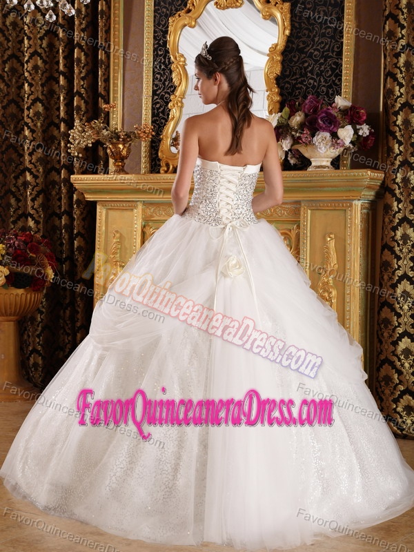 Lovely White Sequin Tulle Ball Gown Dress for Quinceanera in The Mainstream