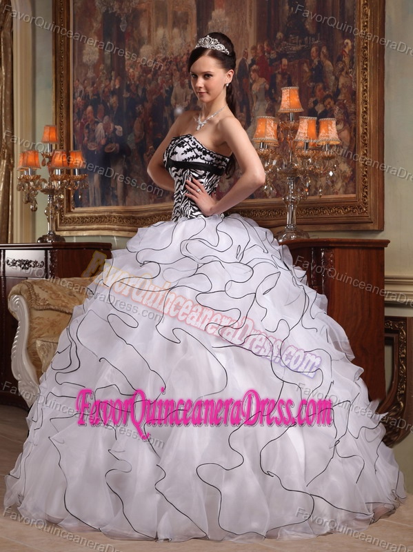 Amazing Ruffled White and Black Organza Quinceanera Gown with Zebra Print
