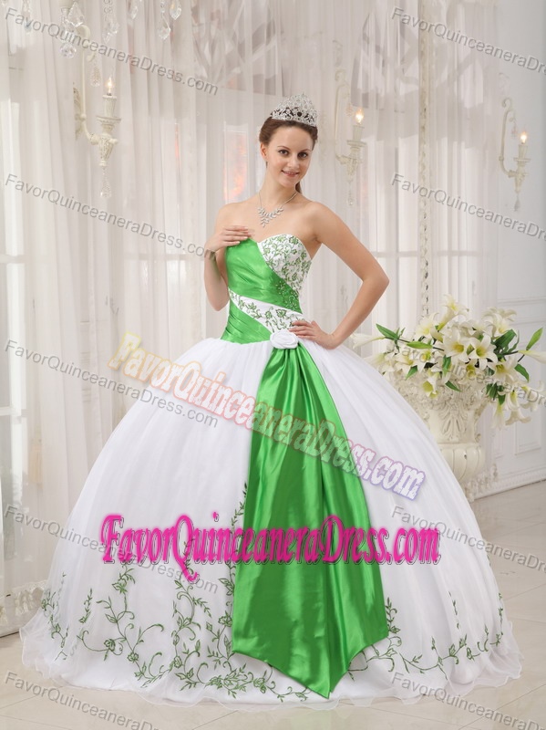 New Organza Taffeta Embroidered Quinceanera Gown in White and Green