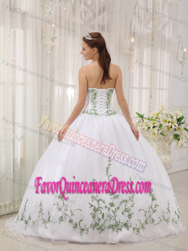 New Organza Taffeta Embroidered Quinceanera Gown in White and Green
