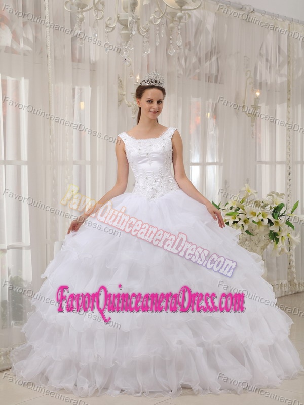Dreamy Scoop Neck Ruffled Appliqued White Quince Dress in Organza Satin