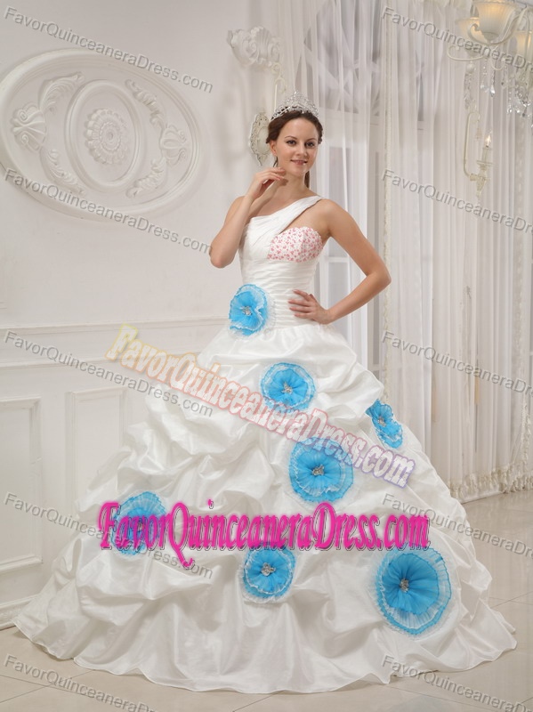 Qualified Taffeta One Shoulder White Sweet 16 Dress with Pick-ups and Flowers