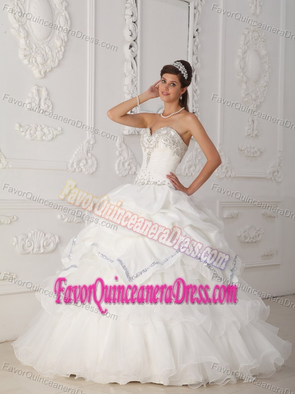 Stylish Organza Taffeta White Beaded Ball Gown Quince Dresses under 200
