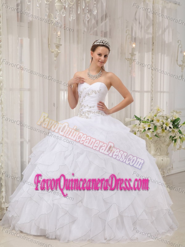 Cheap Ruffled Appliqued White Organza Ball Gown Sweet 15 Dress for Sale