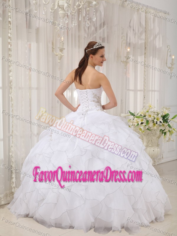 Cheap Ruffled Appliqued White Organza Ball Gown Sweet 15 Dress for Sale