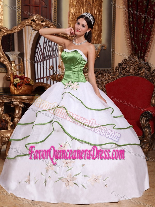 Fabulous White and Green Embroidered Quince Dresses in Organza Taffeta