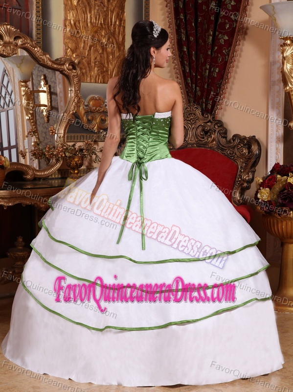 Fabulous White and Green Embroidered Quince Dresses in Organza Taffeta