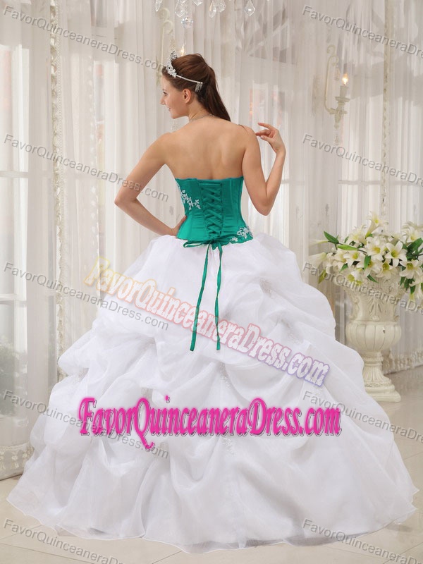 New Arrival Organza Taffeta White and Turquoise Sweet 16 Dress with Appliques
